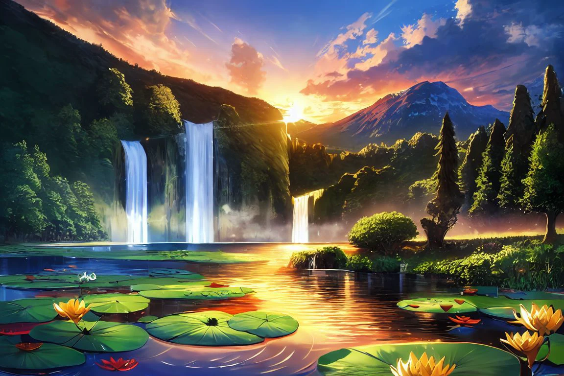 masterpiece, <lora:furiouzly-49:1>
furiouzly,
landscape, mountain, forest, waterfall, pond, lily \(flower\), lily pad, sunset, reflection