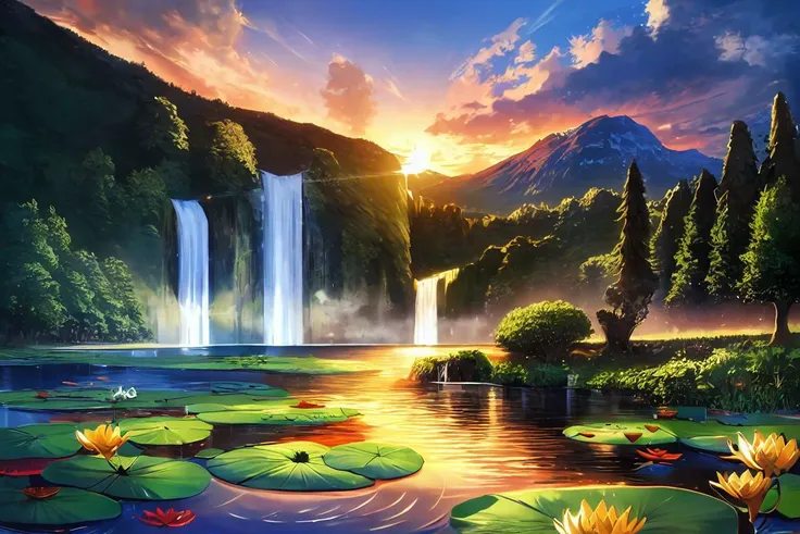 masterpiece, <lora:furiouzly-49:1>
furiouzly, 
landscape, mountain, forest, waterfall, pond, lily \(flower\), lily pad, sunset, reflection