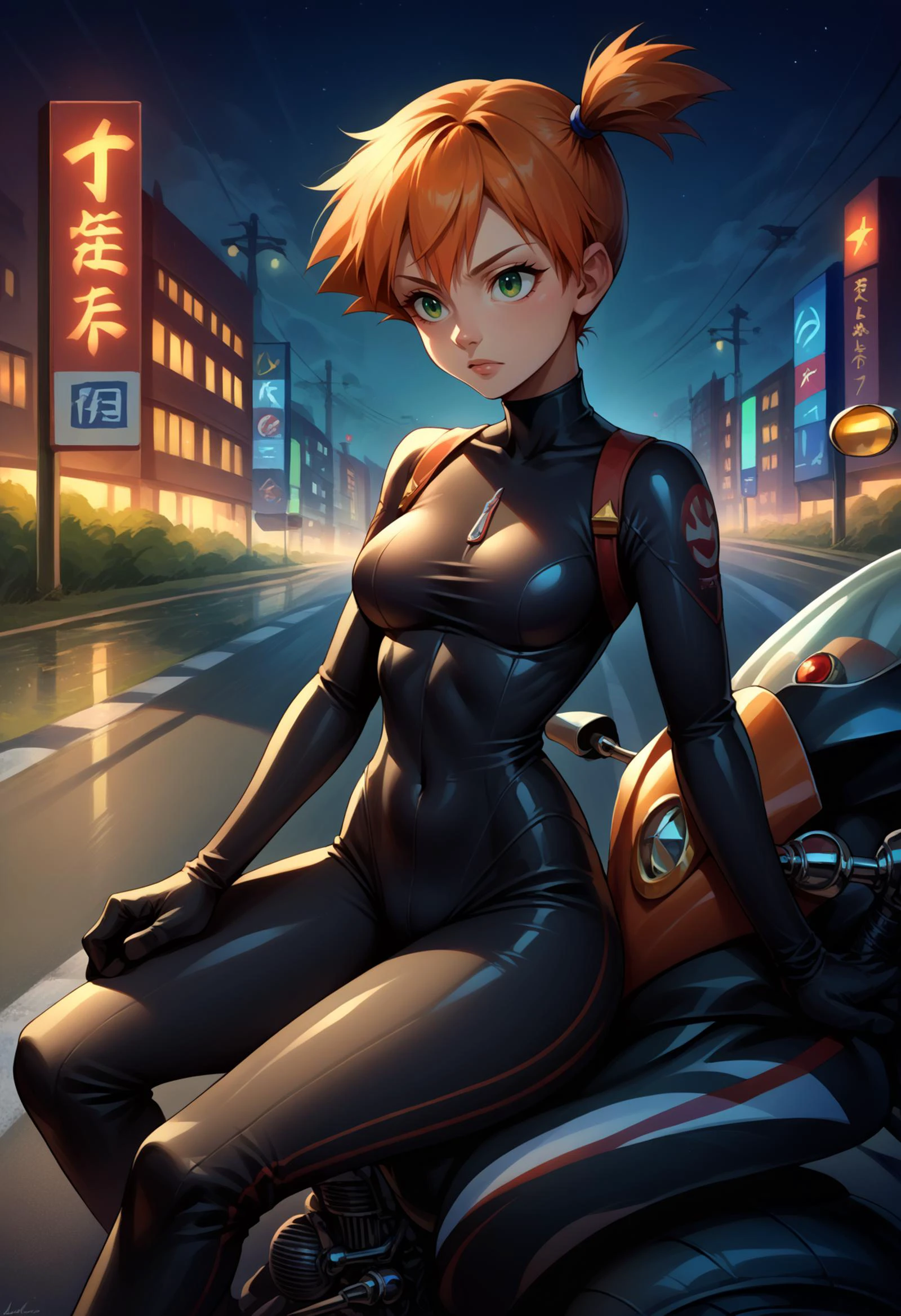 score_9, score_8_up,score_7_up, source_anime, 1girl, solo, <lora:EPpkMisty:1.0>, EPpkMisty, orange hair, short hair, side ponytail, green eyes, cowboy shot, leaning, motor vehicle, ground vehicle, motorcycle, sitting, on motorcycle, black bodysuit, shiny, reflection, bodysuit, night, street,