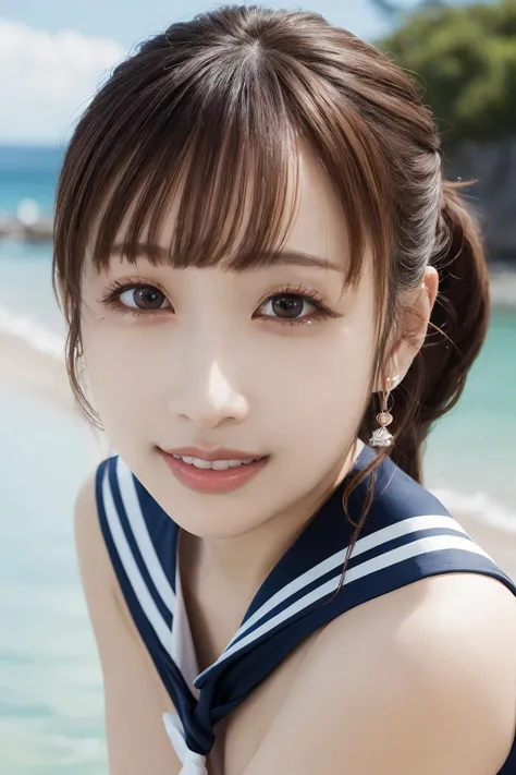 absurdres ,(extraordinary quality, ultra detailed,:1.5)
hires, super fine illustration,4k, daytime,
natural lighting,
break
1 cute milf girl, beautiful long ponytail hair, brilliant eyes, ultimate beautiful face, chubby, forehead, curvy,
(sailor_uniform:1.2) over swimsuit,
(oil skin:1.2), lewd, voluptuous, lascivious,smile,
eye contact, tilt head, (portrait:1.4),
break
dynamic angle, dynamic pose,(depth of field), summer beach,
<lora:flat2:-0.5> <lora:GoodHands-vanilla:0.5> <lora:unpai-2023-0620:1.3>