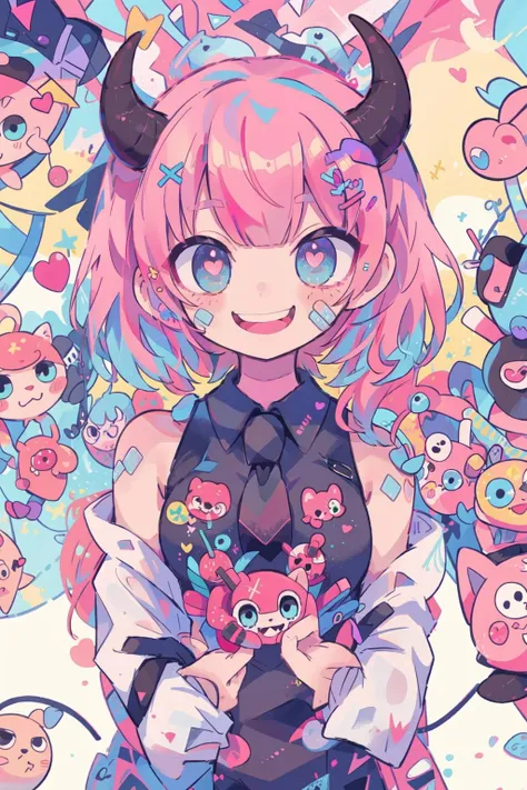 1girl,horns,pink hair,solo,hair ornament,pink eyes,heterochromia,necktie,smile,heart,looking at viewer,multicolored hair,heart hair ornament,shirt,blue eyes,upper body,short hair,black shirt,x hair ornament,bandaid,jacket,blue hair,broken heart,sticker,bangs,demon horns,long sleeves,off shoulder,bare shoulders,sleeveless,hairclip,grin,sleeveless shirt,colorful,
<lora:Rabbit_Nintendo Switch:0.6>,