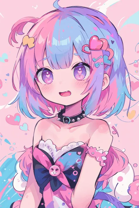 1girl,solo,heart hair ornament,spiked collar,collar,heart,hair ornament,multicolored hair,spikes,upper body,bare shoulders,pink hair,looking at viewer,cum,strapless,dress,black collar,multicolored background,pink eyes,colorful,purple eyes,bangs,blue hair,medium hair,short hair,
<lora:Rabbit_Nintendo Switch:0.5>,