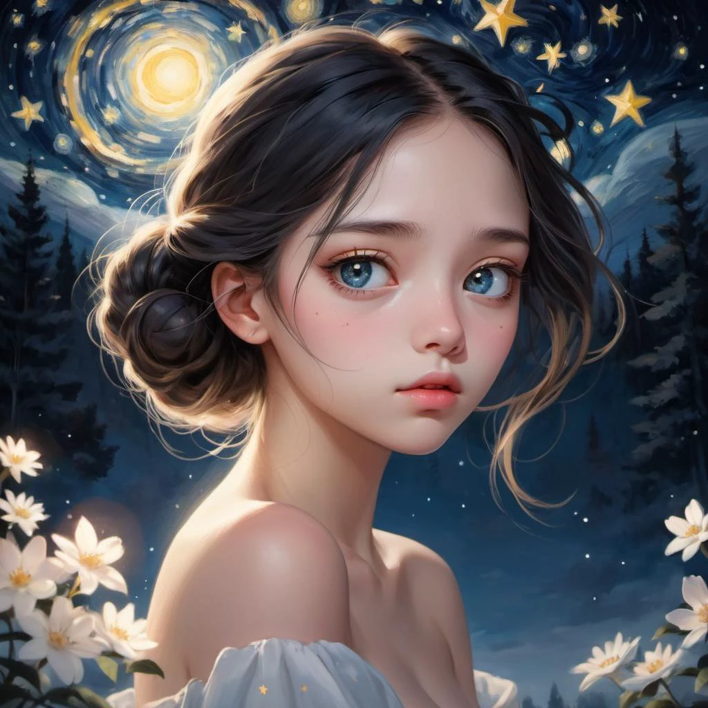 high resolution, best quality, 4k, A girl that is a Soulful Beauty, 1girl, profound depth, her eyes seeming to hold a universe within them, inviting a deep connection, starry night, under a star-filled sky that mirrors the depth and mystery of her gaze, captivating allure, the scene is filled with a sense of wonder and deep emotional resonance, ethereal art using ethereal brushwork to capture the softness and depth of her gaze and the serene beauty of her features