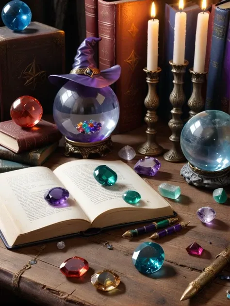 gemstones and book <lora:SDXL DET more_art-full_v1:0:hr=0.8>