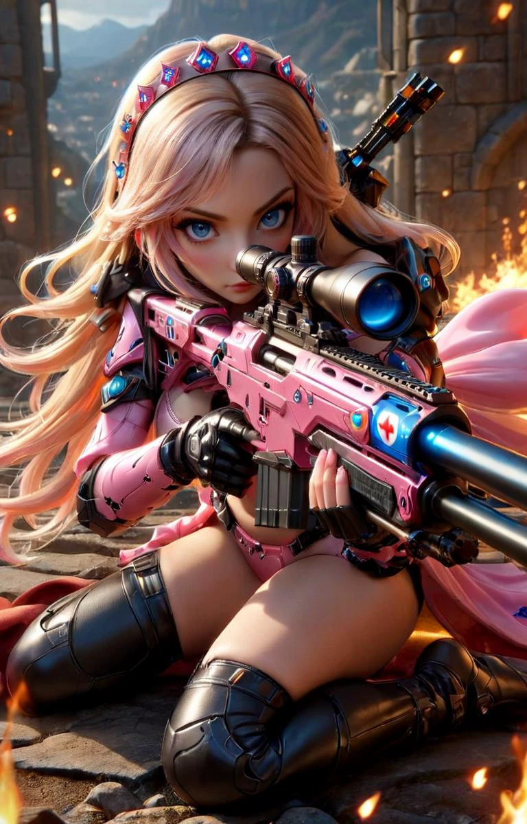 ((hyperrealistic)) cinematic photo of sexy Princess Peach from Super Mario Brothers with Sniper Rifle, perfect eyes, blue eyes, standing sultry pose with sniper rifle, (pink plastic sniper rifle with 1up stars along the side), action scene in bowsers castle, lava balls,
35mm photograph, film, bokeh, professional, 4k, highly detailed, <lora:EnvyActionShotXL01:0.65>, <lora:add-detail-xl:0.6> <lora:XL_Weapon_Sniper_Rifle_-_By_HailoKnight:0.8>