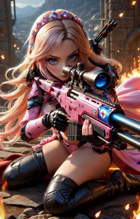 ((hyperrealistic)) cinematic photo of sexy Princess Peach from Super Mario Brothers with Sniper Rifle, perfect eyes, blue eyes, standing sultry pose with sniper rifle, (pink plastic sniper rifle with 1up stars along the side), action scene in bowsers castle, lava balls,
35mm photograph, film, bokeh, professional, 4k, highly detailed,  <lora:EnvyActionShotXL01:0.65>,  <lora:add-detail-xl:0.6> <lora:XL_Weapon_Sniper_Rifle_-_By_HailoKnight:0.8>