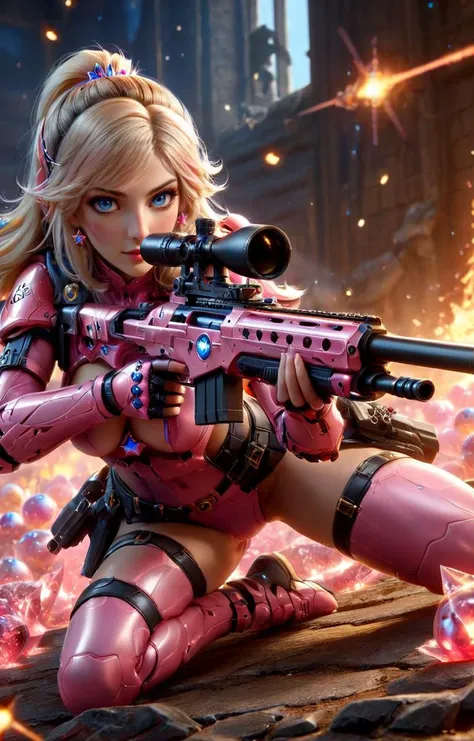 ((hyperrealistic)) cinematic photo of sexy Princess Peach from Super Mario Brothers with Sniper Rifle, perfect eyes, blue eyes, standing sultry pose with sniper rifle, (pink plastic sniper rifle with 1up stars along the side), action scene in bowsers castle, lava balls,
35mm photograph, film, bokeh, professional, 4k, highly detailed,  <lora:EnvyActionShotXL01:0.65>,  <lora:add-detail-xl:0.6> <lora:XL_Weapon_Sniper_Rifle_-_By_HailoKnight:0.8>