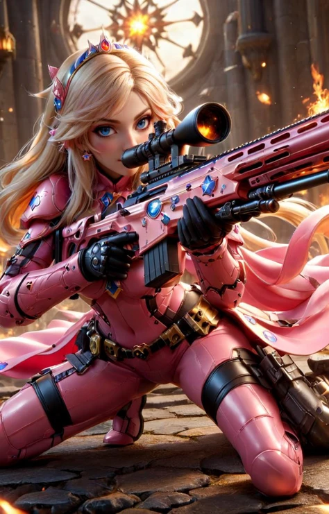((hyperrealistic)) cinematic photo of sexy Princess Peach from Super Mario Brothers with Sniper Rifle, perfect eyes, blue eyes, standing sultry pose with sniper rifle, (pink plastic sniper rifle with 1up stars along the side), action scene in bowsers castle, lava balls,
35mm photograph, film, bokeh, professional, 4k, highly detailed, <lora:EnvyActionShotXL01:0.65>, <lora:add-detail-xl:0.6> <lora:XL_Weapon_Sniper_Rifle_-_By_HailoKnight:0.8>