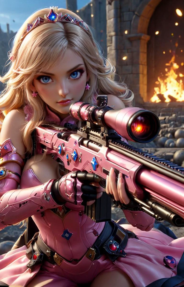 ((hyperrealistic)) cinematic photo of sexy Princess Peach from Super Mario Brothers with Sniper Rifle, perfect eyes, blue eyes, standing sultry pose with sniper rifle, (pink plastic sniper rifle with 1up stars along the side), action scene in bowsers castle, lava balls,
35mm photograph, film, bokeh, professional, 4k, highly detailed, <lora:EnvyActionShotXL01:0.65>, <lora:add-detail-xl:0.6> <lora:XL_Weapon_Sniper_Rifle_-_By_HailoKnight:0.8>