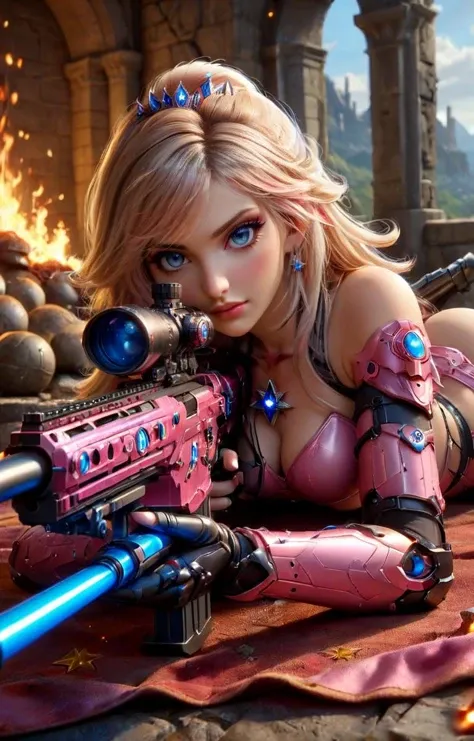 ((hyperrealistic)) cinematic photo of sexy Princess Peach from Super Mario Brothers with Sniper Rifle, perfect eyes, blue eyes, standing sultry pose with sniper rifle, (pink plastic sniper rifle with 1up stars along the side), action scene in bowsers castle, lava balls,
35mm photograph, film, bokeh, professional, 4k, highly detailed,  <lora:EnvyActionShotXL01:0.65>,  <lora:add-detail-xl:0.6> <lora:XL_Weapon_Sniper_Rifle_-_By_HailoKnight:0.8>