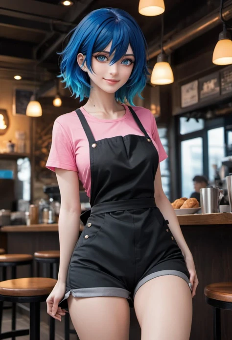 kirishima touka,blue hair,hair over one eye,blue eyes,((pink t-shirt)),colarbone,((black apron)),((black shorts)),upper body,looking at viewer,smile,cafe , visualized in a fantasy art style with bold, dramatic contrasts and vivid, bright colors to reflect her powerful essence, full-body-shot., high resolution, best quality, 4k, detailed background, dynamic angle, dynamic pose, full body shot, NSFW, erotic, perfect body, sexy, 20-years-old