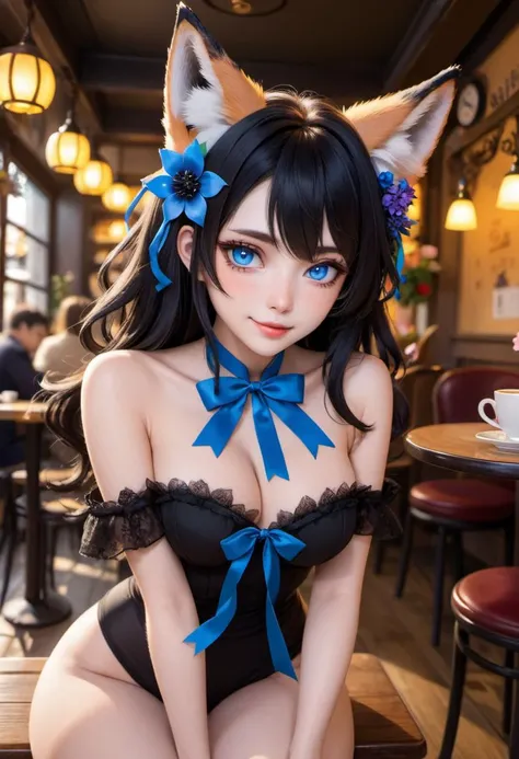 a kitsune girl with a detailed face and big beautiful eyes, surrounded by magic, 1girl, animal ear fluff, animal ears, black flower, black ribbon, closed mouth, collarbone, facial mark, flower, fox ears, hair flower, hair ornament, jewelry, long hair, bright blue eyes, ribbon, ring, rose,, A girl that is a Perfectly Beautiful Woman, 1girl, adorable charm, with a face radiating cuteness and an irresistible smile, quaint café, in a cozy, warmly-lit café setting that enhances her approachable and inviting demeanor, intimate warmth, the atmosphere is cozy and heartwarming, reflecting her adorable and attractive qualities, high resolution, best quality, 4k, NSFW, erotic, perfect body, sexy, 20-years-old, full body portrait, amazing details, striking eyes, perfect face, detailed background, dynamic angle, dynamic pose, full body shot