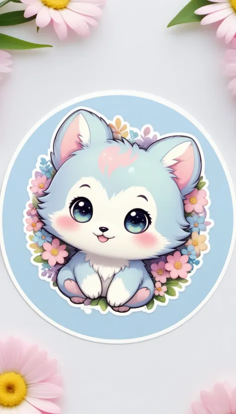 Sticker of a cute, round little animal with big, sparkling eyes and a gentle smile on its face. It has soft, pastel-colored fur. The small critter is surrounded by dainty, heart-shaped flowers in complementary pastel shades, adding to the sticker's overall charm.The white background provides the perfect canvas for this adorable creature, allowing its pastel features to pop and catch the eye. The sticker design exudes a warm and playful energy, making it an endearing addition to any item it adorns.