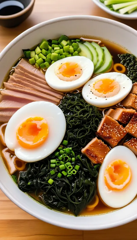 bowl of steaming hot ramen noodles, with a variety of toppings including sliced pork, boiled egg, green onions, and a sheet of nori (dried seaweed). The broth looks rich and flavorful, likely made from a combination of chicken, pork, and dashi.