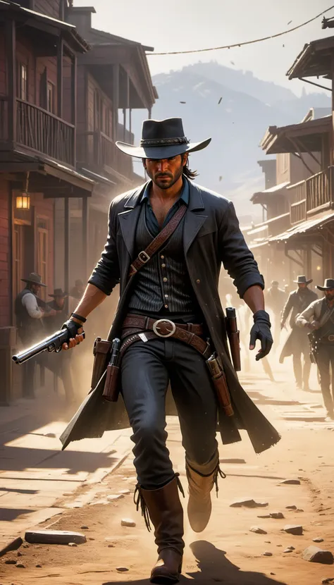 Intricate dynamic action shot of cowboy in a shootout, cinematic Steve Henderson Fabian Perez Henry Asencio Jeremy Mann Marc Simonetti Fantasy, red dead redemption 2 atmosphere, cinematic, photograph