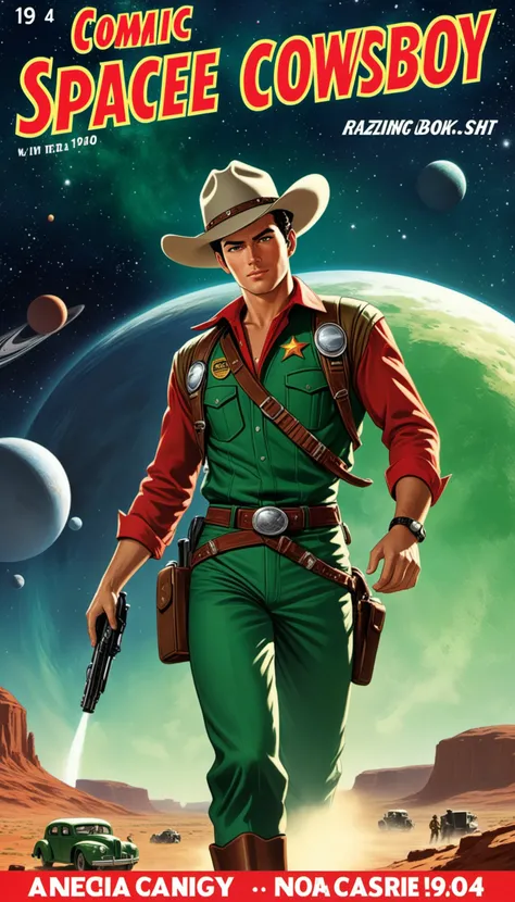 a cover for a comic book, a comic book cover about all space cowboy, 1 cowboy wearing a hat in the style of amazing stories, 1940s 1950s, red and green, comic art, realistic genre scenes, romanticized realism dynamic