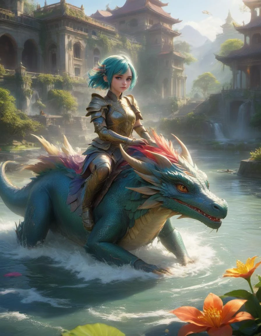 two dragons,1girl,colourful hair,colourful armor,full_shot,girl riding dragon,(masterpiece:1.2),best quality,multicolored,masterpiece,best quality,((an extremely delicate and beautiful)),floating,(detailed wet clothes),(detailed light),feather,nature,(sunlight),river,floating palace,beautiful and delicate water,(bloom),(shine),panorama,landscape,