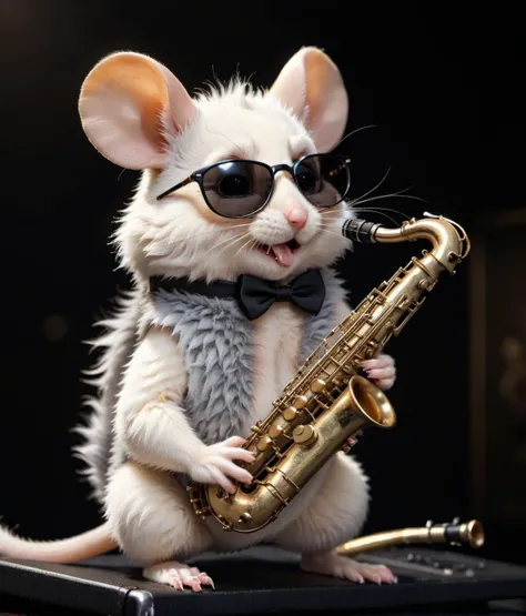 low angle, The photo shows a cute fluffy dormouse wearing black sunglasses and playing the saxophone on a stage. dark background, the head is raised. The overall impression is humorous and adventurous. The intricate details of the mouse's fur, whiskers and claws are meticulously reproduced and make it appear lifelike.