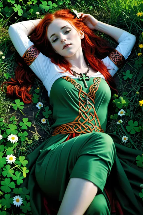 soft lighting, high contrast,A photo of a fully clothed Brigit from Celtic religion ancient goddess of the poetic arts, lying down in a field full of irish flowers and lucky clovers, shot from above, crafts, prophecy, and divination glowing red hairr, elements of Irish magic, Celtic crosses, spiral designs, Celtic knotwork, insular artwork