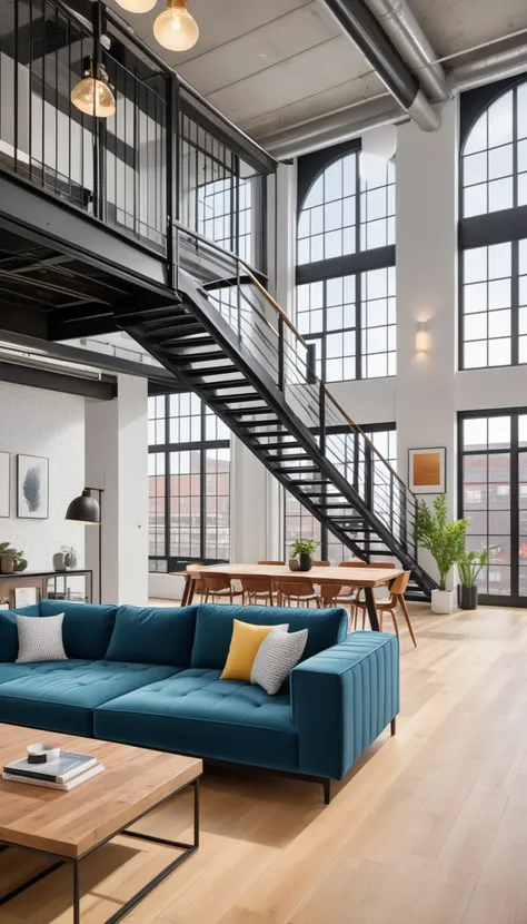 real estate photography style of a modern loft, professional, inviting, well-lit, high-resolution, property-focused, commercial, highly detailed