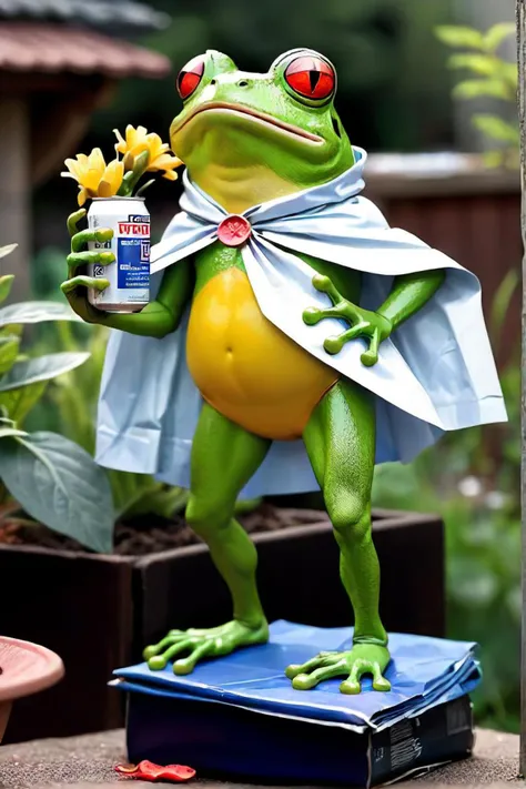 in this vividly colorful scene, the frog figurines have transformed into vigilante protectors of the garden. one green frog stands tall on its hind legs, wielding a homemade shield crafted from old newspapers. its eyes are filled with determination as it surveys the garden for any signs of danger. nearby, another frog, adorned with a mask made from a discarded milk carton, holds a flashlight in one hand and a whistle around its neck. it crouches low, ready to spring into action at a moment's notice. the third frog, donned in a makeshift cape fashioned from a plastic bag, clutches a toy car in its paws, prepared to use it as a makeshift weapon if needed. the cat figurine, now a wise cracking sidekick, perches atop a vase, keeping watch over the garden. it holds a can of hairspray in one paw, ready to use it as a deterrent against any unwanted visitors. as they stand guard together, these unlikely heroes bring an air of bravery and resilience to the garden, ensuring that every plant and flower thrives under their watchful eye.