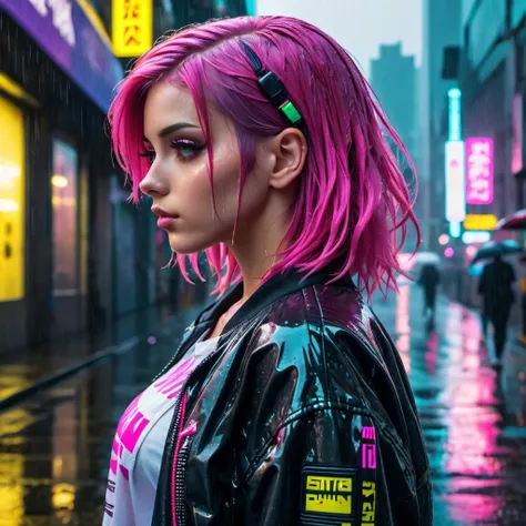 neonpunk style medium close-up of a woman, from the side, messy bubblegum pink hair, wearing a jacket and t-shirt, stands outside on a city street in the rain, wet hair, wet skin, wet clothes . cyberpunk, vaporwave, neon, vibes, vibrant, stunningly beautiful, crisp, detailed, sleek, ultramodern, magenta highlights, dark purple shadows, high contrast, cinematic, ultra detailed, intricate, professional