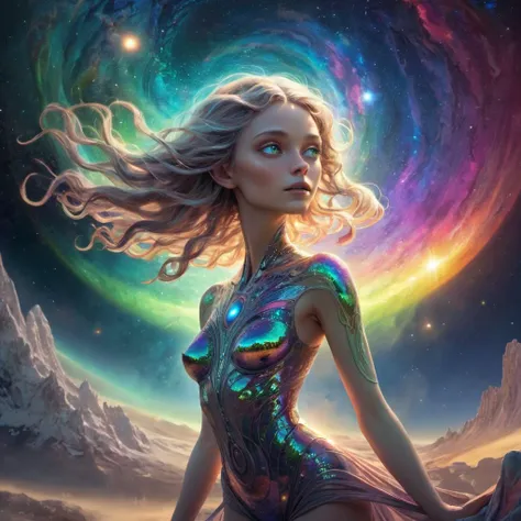 Upon the alien world's horizon, she materializes, a being of mesmerizing exoticism. Her skin, a mosaic of iridescent hues, reflects the kaleidoscopic spectrum of her distant suns. Eyes, orbs of swirling cosmic dust, radiate with a tranquil wisdom that spans eons of interstellar travel. Antennae, slender and delicate, sway with a rhythmic elegance, attuned to the celestial harmonies of the cosmos. Hair, strands of ethereal light that undulate like solar flares, casts an aurora of celestial beauty around her. With each ethereal step, she navigates the alien terrain, an embodiment of cosmic enchantment amidst the endless expanse of the extraterrestrial realm.