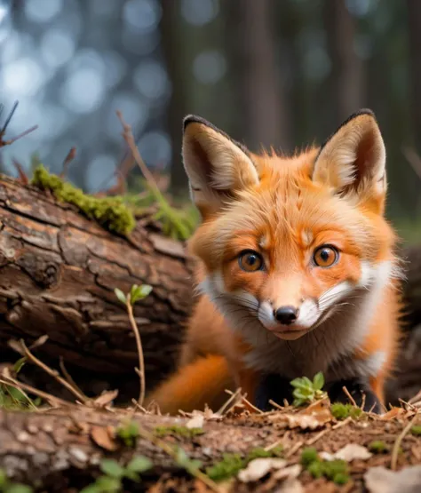 a detailed monochrome picture, close up, photorealistic scene, european cute red fox in natural area, Telephoto lens, Low Angle shot, medium distance, f/22, ISO 50, Create a narrow focused beam of light for more precise lighting control. some orange and red light