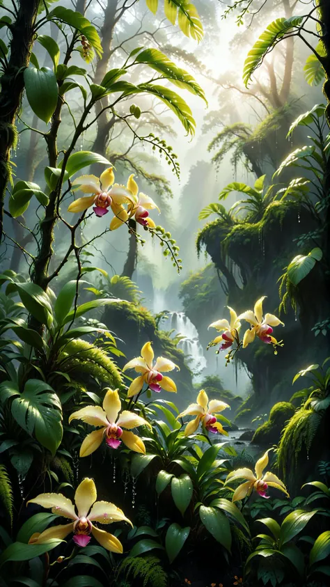 low angel, golden colors,In the depths of a lush green forest, the first rays of sunrise pierce through the misty mountain tops. Hanging plants and vines sway gently in the breeze, their leaves glistening with dew drops. Amidst this serene environment, a rare bloom of exotic orchids can be seen, adding a pop of color to the otherwise muted landscape. Nature's beauty unfolds before us as the day begins to take shape.,
vibrant, translucent, intricate, extreme detailed, full of details,
Wide range of colors, Dramatic,Dynamic,Cinematic,Sharp details
Insane quality. Insane resolution. Insane details. Masterpiece. 32k resolution.
<lora:add-detail-xl:0.9> dvr-lnds-sdxl <lora:MJ52:0.5> <lora:zavy-cntrst-sdxl:0.4> <lora:zavy-rmlght-sdxl:0.4>