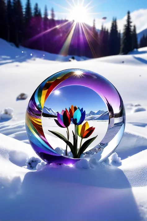 purple croct in the snow with a rainbow in the background, a raytraced image by igor zenin, pixabay contest winner, crystal cubism, beautiful flowers and crystals, glass flowers, colorful glass art