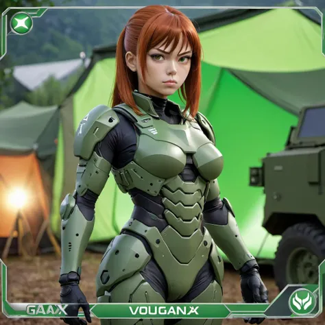 fantasy woman, trading card front, future soldier clothing, future combat gear, realistic anatomy, concept art, professional, by gainax anime studio, green screen, volumetric lights, stunning, military camp in the background, metal hard surfaces, focus on generate the face, tanny skin