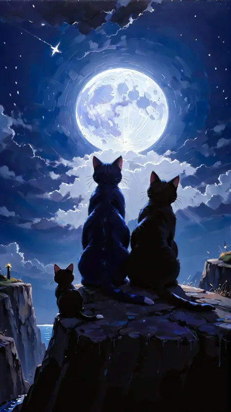 outlines of two loving cats sitting on a cliff in front of a full blue moon with dark blue and indigo and violet sky, falling star, dark blue and silver, from behind, rich detailed landscape in background, <lora:EldritchPaletteKnife:0.5>