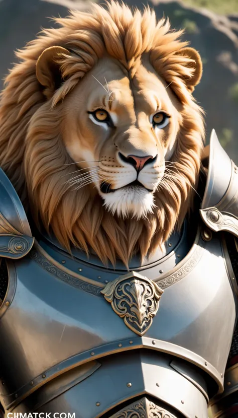 a lion in armor poses for a picture, cinematic close shot