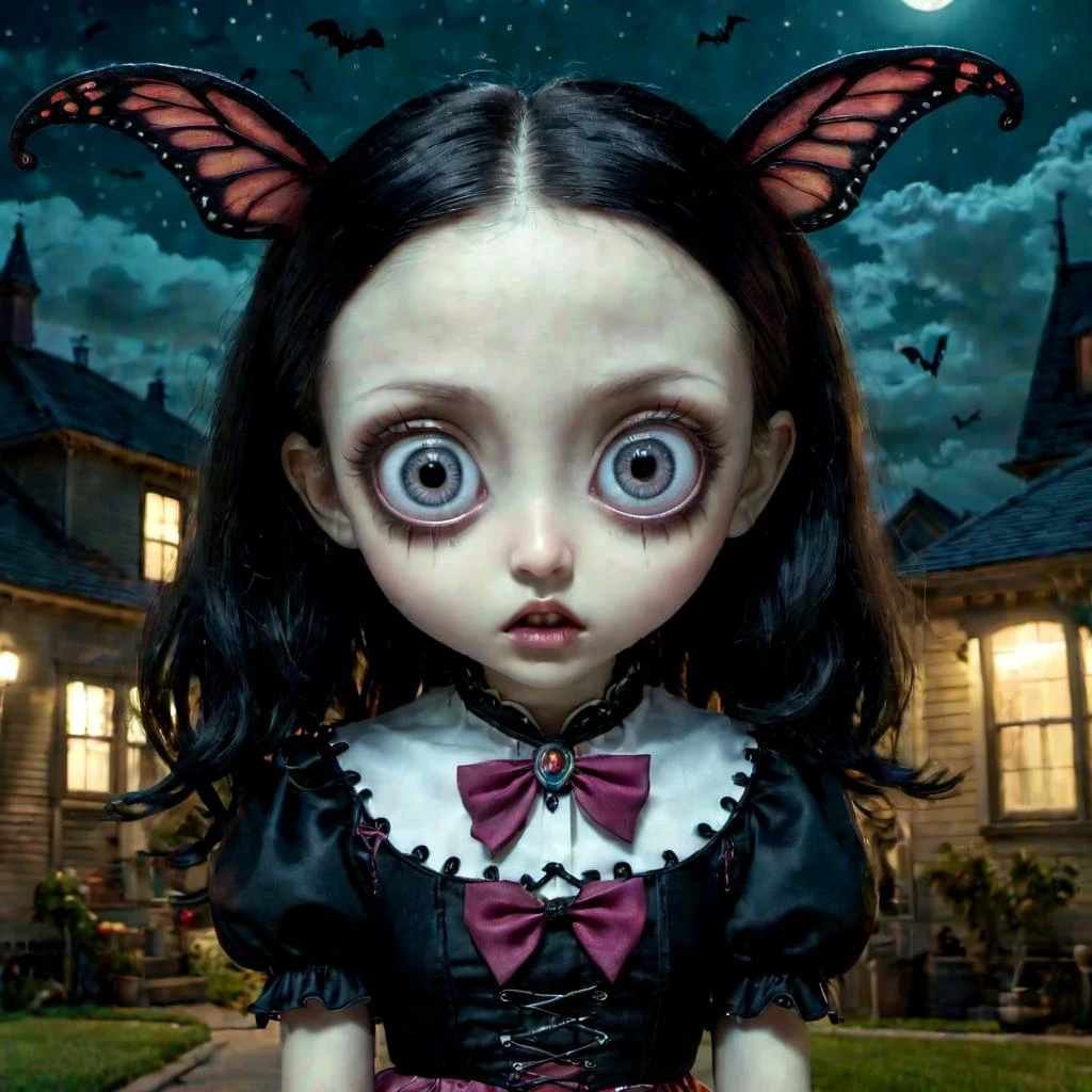 <lora:add-detail-xl:0.8> mothgirl, mythical creature, a photorealistic image of the Mothgirl, a creature from American folklore, set against a spooky nighttime urban landscape, cinematic quality, cinematic lighting, voodoo, sinister,128k, hyper realistic, pastel colour palette,(mark ryden 1.3) <lora:bigeyes-xl-v1:0.8> big eyes, anime eyes