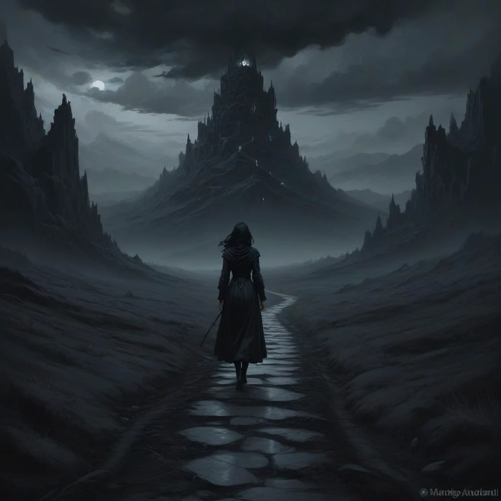 Nowhere is strange intercrossed land. Into the unknown. Into fear, doubt, and As the path stretches into darkness. Oil painting, clear, detailed oil, trending on artstation, fantasy, monochromatic colour palette, dark colours, in the style of Alena Aenami, 4k, digital, dark aesthetic