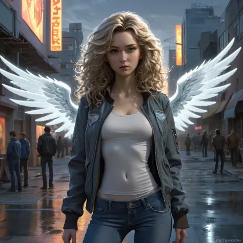 sexy goddess angel with flowy hair in a man's jacket and jeans, futuristic suburb, person in the foreground, cinematic lighting, hyperdetailed, cg society, realistic, hyper quality, concept art, digital art by greg rutkowski, by alan lee, by artgerm