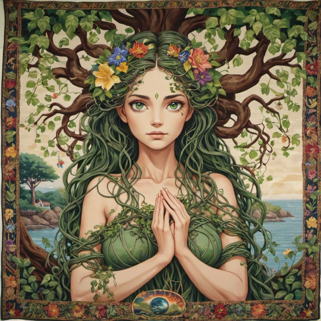 Goddess of the Earth, she rises from fertile soil, skin rich with the hues of the land. Eyes, deep as the roots of ancient trees, harbor the wisdom of ages. Vines and flowers entwine in her hair, a tapestry of natural beauty. With each gentle touch, she nurtures life and sustains balance, weaving harmony throughout the natural world.