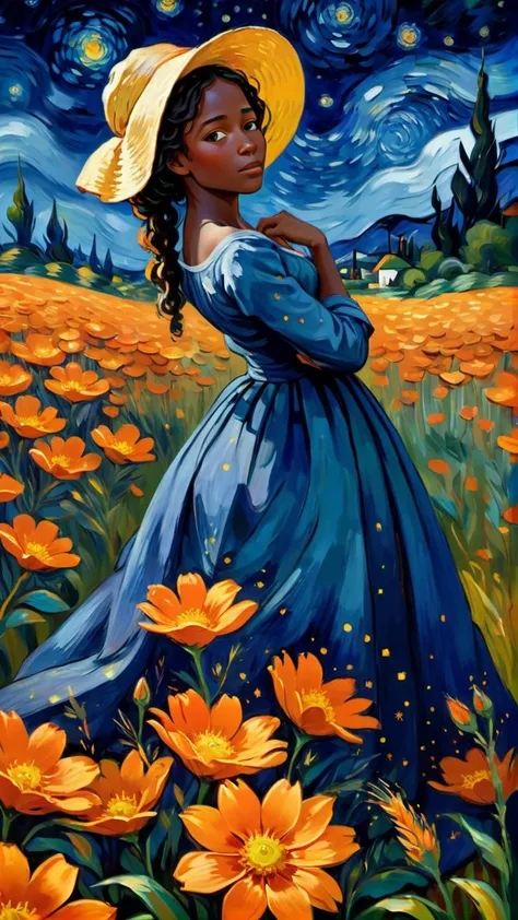 impressionism painting in style of claude monet and starry night from van gogh, a young african woman, in a field of orange flowers, dark blue background, vibrant colors, fantasy art,