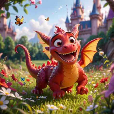 ((Medium-Shot Angle)),disney style cute red dragon chasing a butterfly in a flowery meadow  <lora:Cute_3D_Cartoon:1>