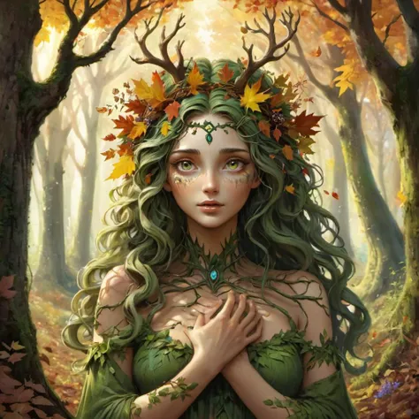 Goddess of the Forest, she emerges from the heart of the woods, skin adorned with the hues of autumn leaves. Eyes, as deep as the woodland shadows, hold the secrets of the ancient trees. Vines and wildflowers weave through her hair, a testament to her connection with all living things. With each rustling breeze, she whispers tales of life and growth, nurturing the forest and all its inhabitants with her gentle embrace.