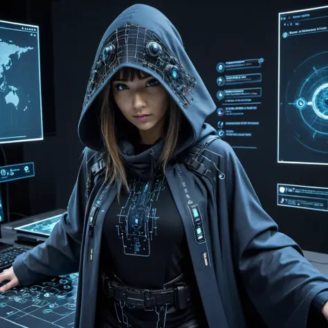 sexy Tech Tactician: Cloaked in nano-weave fabric, adorned with tactical cyberware, surrounded by augmented reality interfaces.