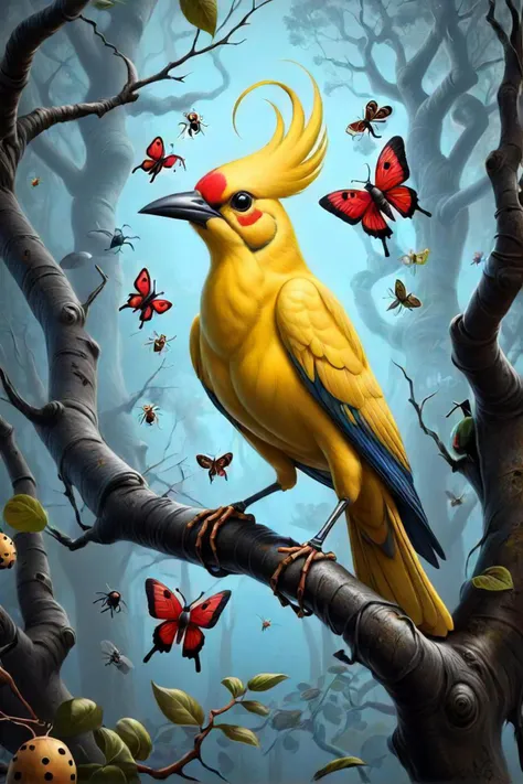 there is a yellow bird sitting on a tree branch with many bugs, a surrealist painting by ed binkley, cgsociety contest winner, pop surrealism, markus reugels, adrian borda, cory loftis