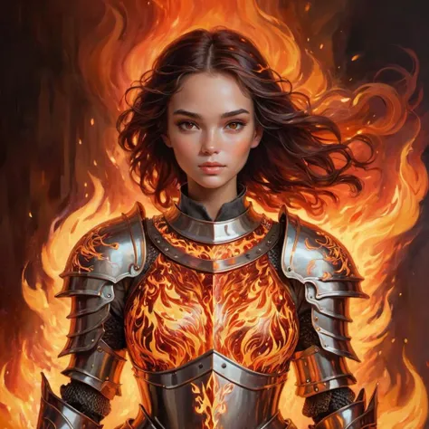 masterpiece, best quality, absurdres, anime
1girl, solo, armor, fire, weapon, long hair, brown hair, helmet, looking at viewer, breastplate, jewelry, fake horns, earrings, horns, brown eyes, lips, closed mouth, shoulder armor, faulds, cowboy shot