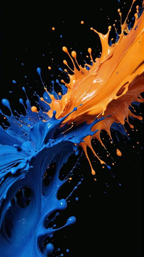 a paint splash in organge and deep blue and indigo, black background,