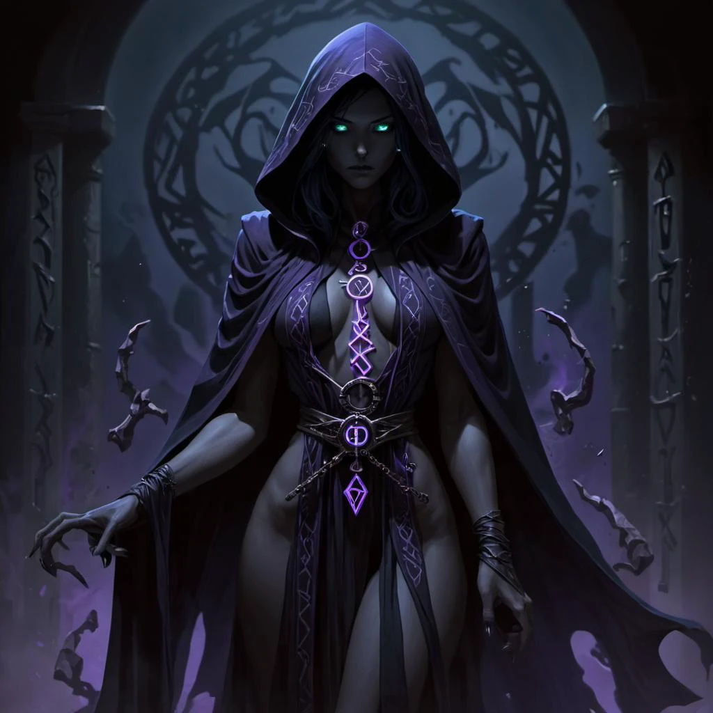 sexy Shadow Sorcerer: Cloaked in obsidian robes, adorned with arcane runes, shrouded in eldritch darkness.