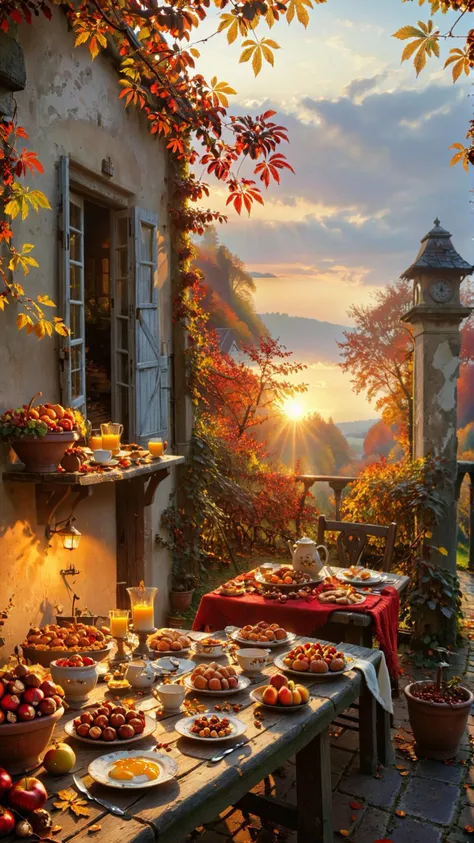 This inviting scene captures the essence of a cozy autumn morning with a rustic terrace filled with an abundance of nature's bounty. The table is set with fresh fruit and bread, while the sun rises in the background and casts a warm glow over the landscape. The painter has skillfully depicted the rich colors and textures of the season from the vibrant red leaves to the golden hues of the autumn sun. The attention to detail is striking from the individual chestnuts and hazelnuts to the intricate patterns on the tableware. This idyllic setting is perfect for a leisurely breakfast or a quiet moment of reflection evoking a sense of peace and tranquility,
<lora:add-detail-xl:0.9> dvr-lnds-sdxl <lora:MJ52:0.5> <lora:zavy-cntrst-sdxl:0.4> <lora:zavy-rmlght-sdxl:0.4>