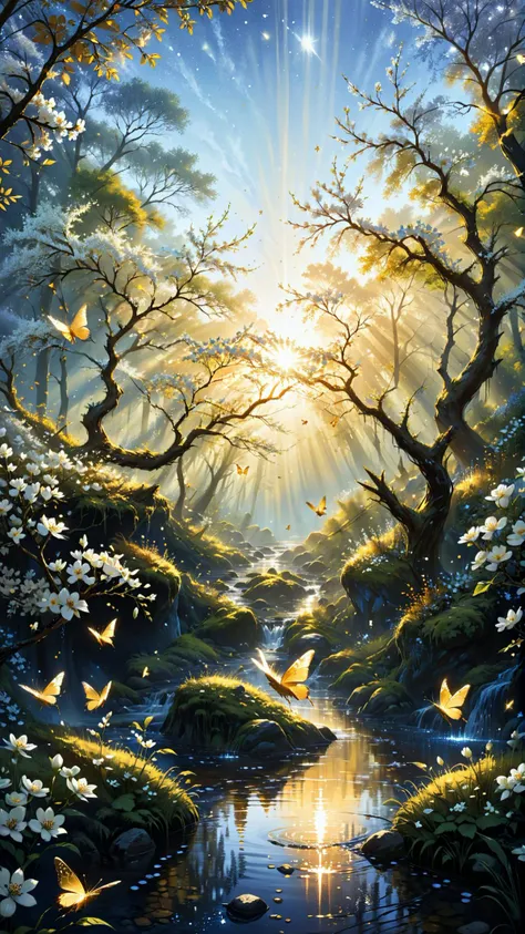 low angel, golden colors,In a surreal golden forest the rising sun glow upon the scene. A beam of light pierces through the dense foliage illuminating a crystal clear babbling brook. Golden butterflies dance among the white blossoms that bloom upon the trees their delicate petals gently swaying in the breeze. In the backgroundi the sky is a deep blue hue dotted with stars. The air is serene and the sound of birds chirping fills the morning air,
vibrant, beautiful, translucent, intricate, detailed,
many details, extreme detailed, full of details,
Wide range of colors, Dramatic,Dynamic,Cinematic,Sharp details
Insane quality. Insane resolution. Insane details. Masterpiece. 32k resolution.
<lora:add-detail-xl:0.9> dvr-lnds-sdxl <lora:MJ52:0.5> <lora:zavy-cntrst-sdxl:0.4> <lora:zavy-rmlght-sdxl:0.4>