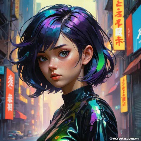 cyberpunk woman with cute - fine - face, pretty face, oil slick hair, realistic shaded perfect face, extremely fine details, by realistic shaded lighting, dynamic background, poster by ilya kuvshinov katsuhiro otomo, magali villeneuve, artgerm, jeremy lipkin and michael garmash and rob rey, pascal blanche, kan liu