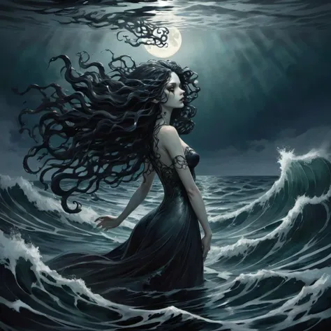 Goddess of the Abyss, she rules over the dark depths of the ocean, skin as pale as the moon's reflection upon the waves. Eyes, abyssal and mysterious, mirror the fathomless expanse of the deep. Tendrils of shadowy hair drift around her like dark currents, concealing untold secrets within their depths. With each undulating motion, she commands the tides and currents, holding sway over the mysteries that lie beneath the surface.