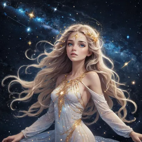 Goddess of the Stars, she glimmers with celestial brilliance, skin adorned with constellations. Eyes, sparkling like distant galaxies, hold the wonders of the universe. Tresses of stardust cascade around her, trailing trails of cosmic light. With each cosmic pulse, she guides travelers through the vast expanse of the cosmos, illuminating paths among the heavens